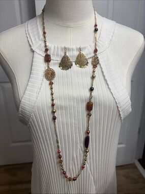 Gold-Tone Long Beaded Necklace and Filigree Earrings Set - Multi